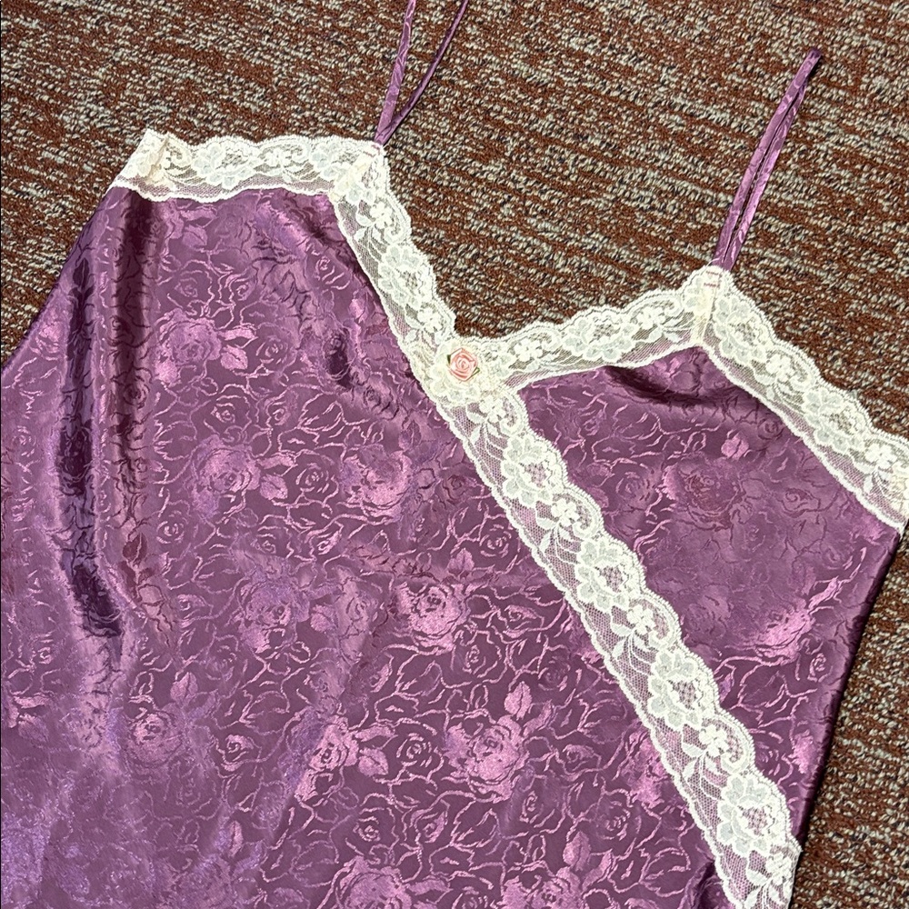 Vintage Angelique purple damask satin lace trim v neck slip dress side slit
